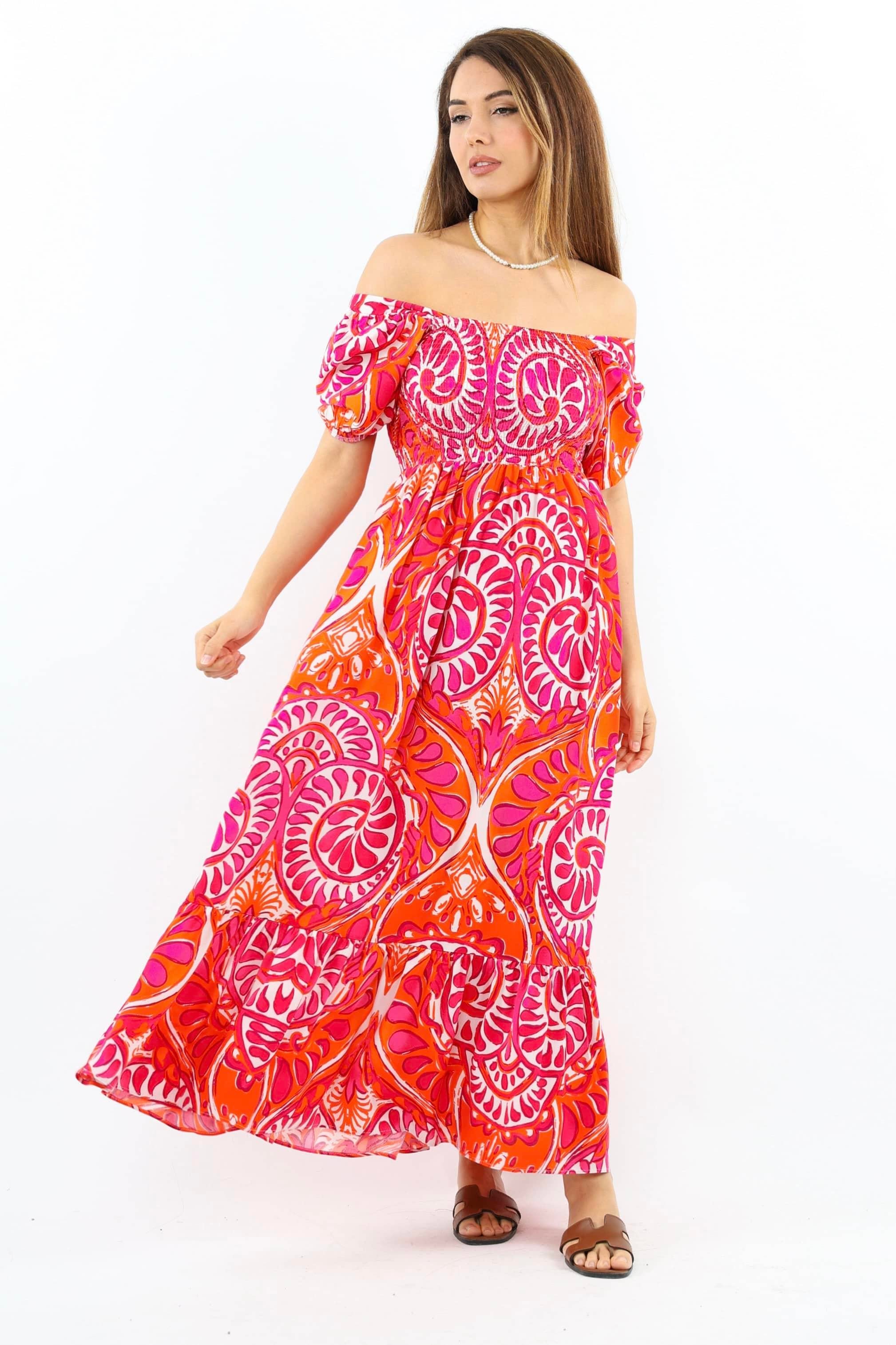 Kadın Positano Turuncu Pembe Gipeli Viskon Uzun Elbise