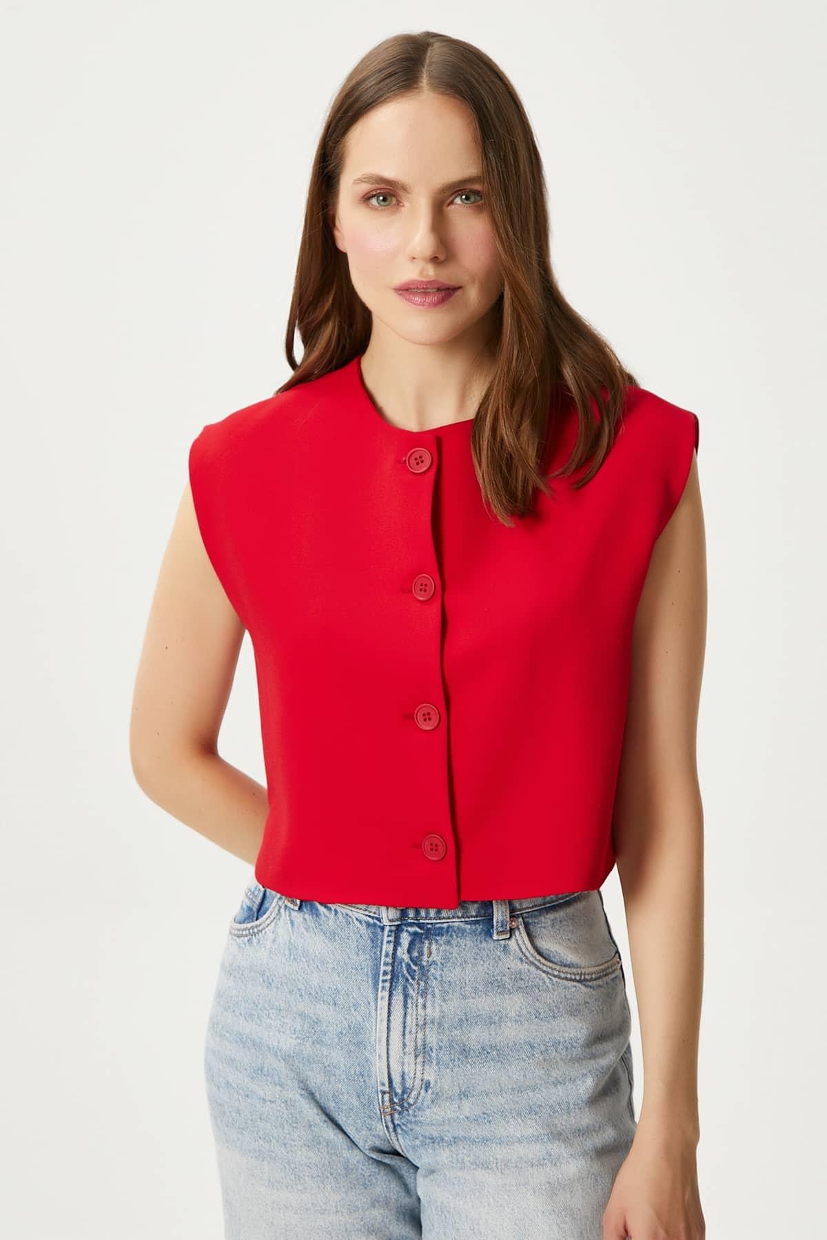 Kadın Power Kırmızı Astarlı Dokuma Yelek