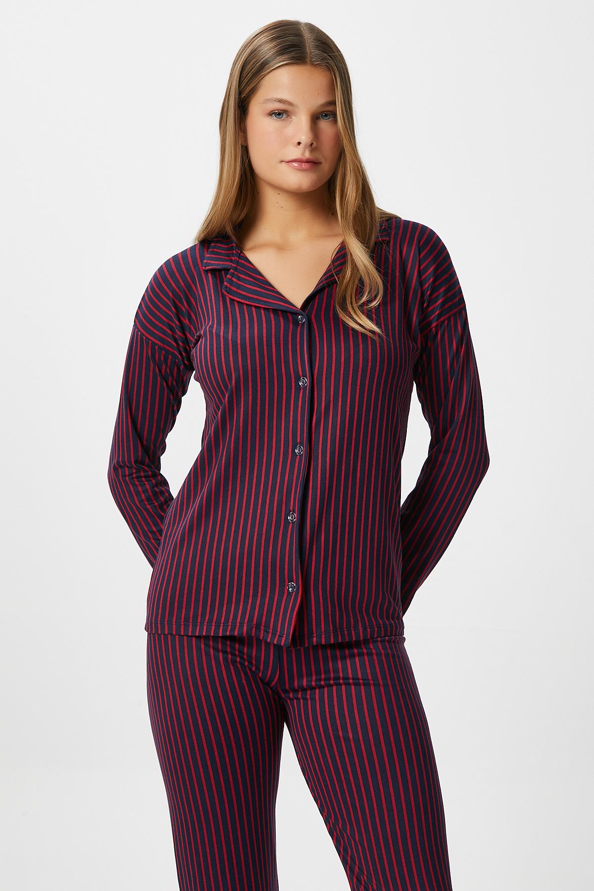 Kadın Secret Extra Soft Lacivert Bordo Çizgili Pijama Takımı