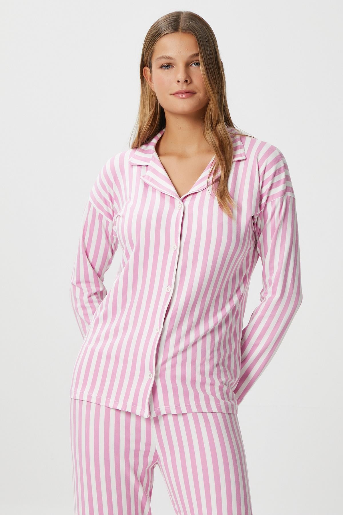 Kadın Secret Extra Soft Pembe Beyaz  Çizgili Pijama Takım