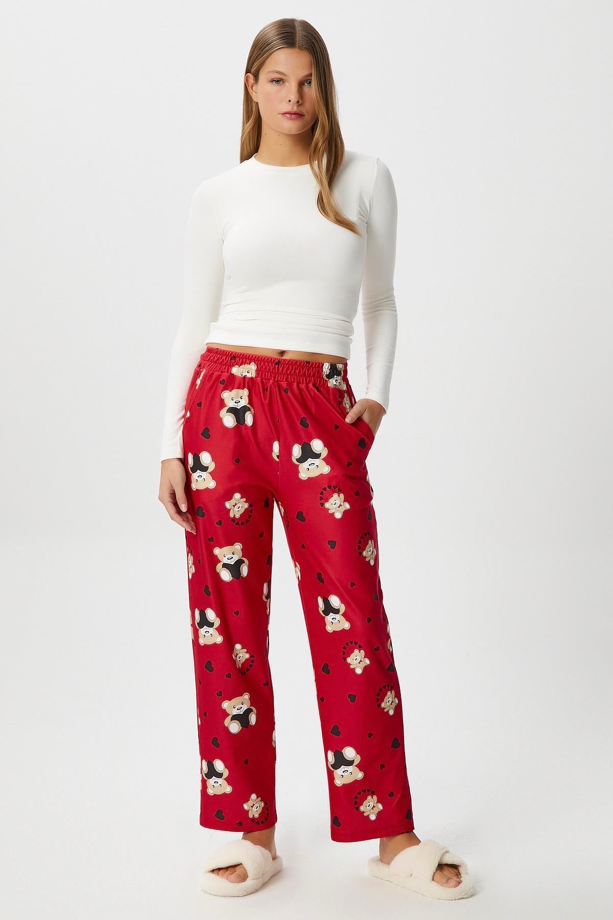 Kadın Teddi Ultra Yumuşak Cepli Kırmızı Ayıcık Desen Yılbaşı Pijama Altı