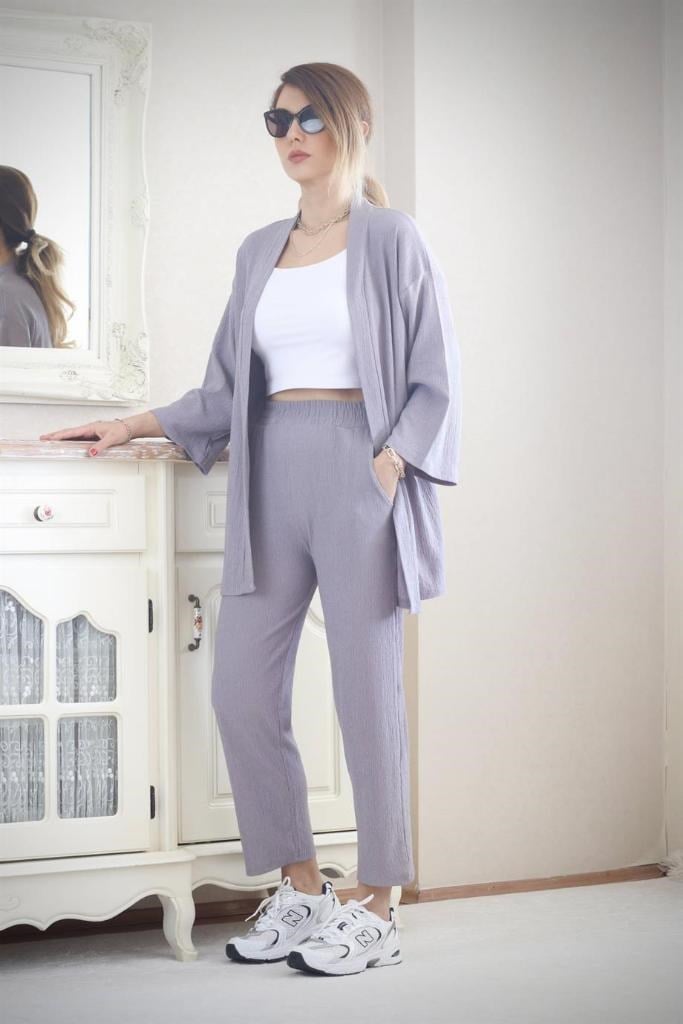 Kadın Tiril Gri Kimono Pantolon Alt Üst Takım