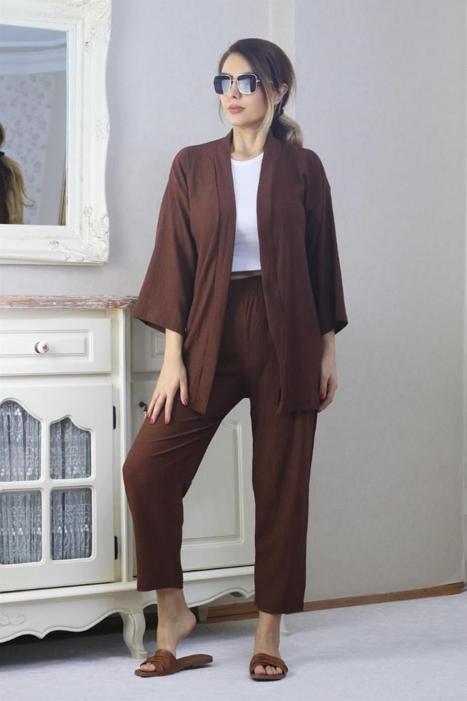 Kadın Tiril Kahverengi Kimono Pantolon Alt Üst Takım