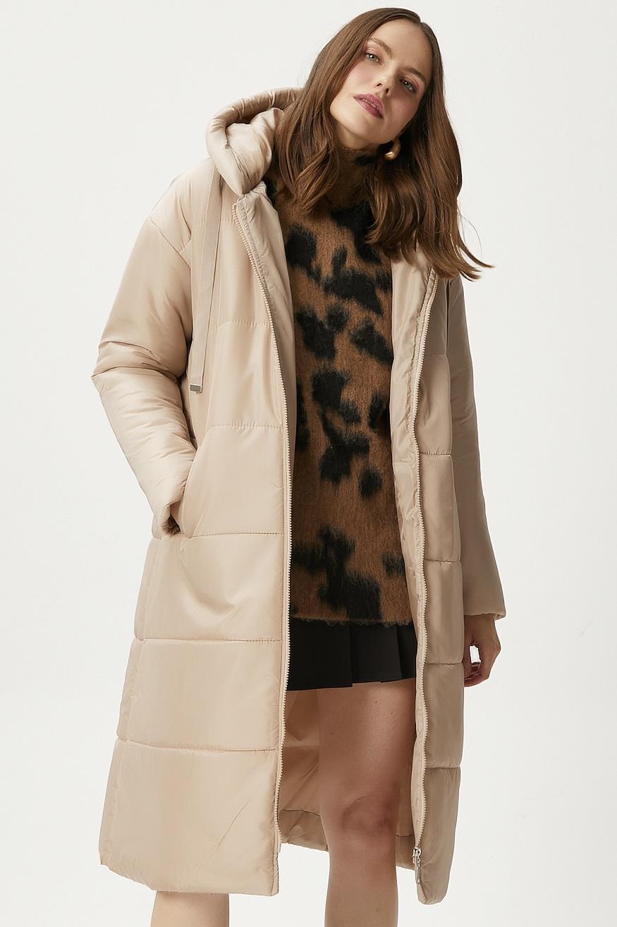 Kadın Warm Bej Kapüşonlu Uzun Şişme Kaban