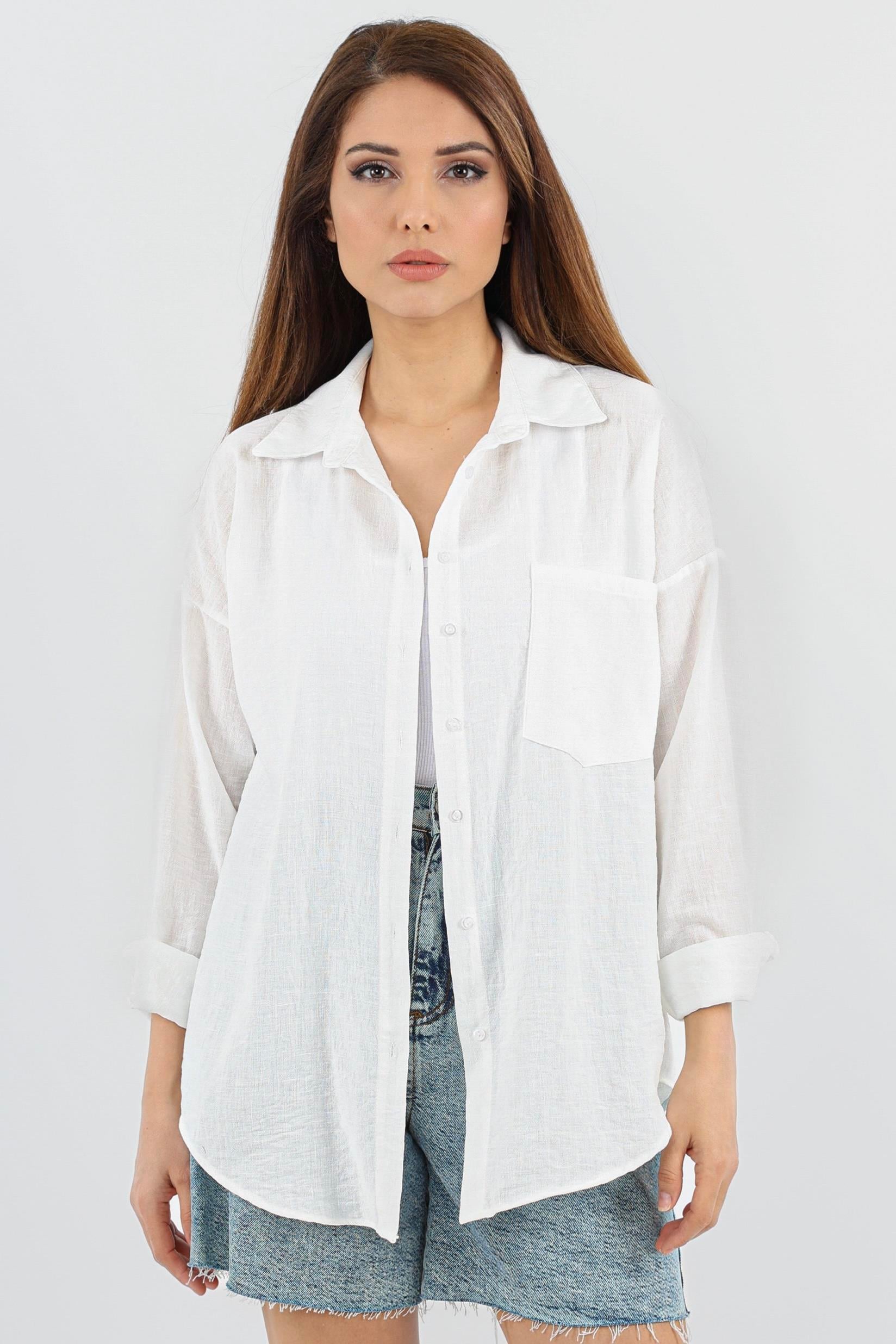 Kadın Well Ekru Keten Gömlek