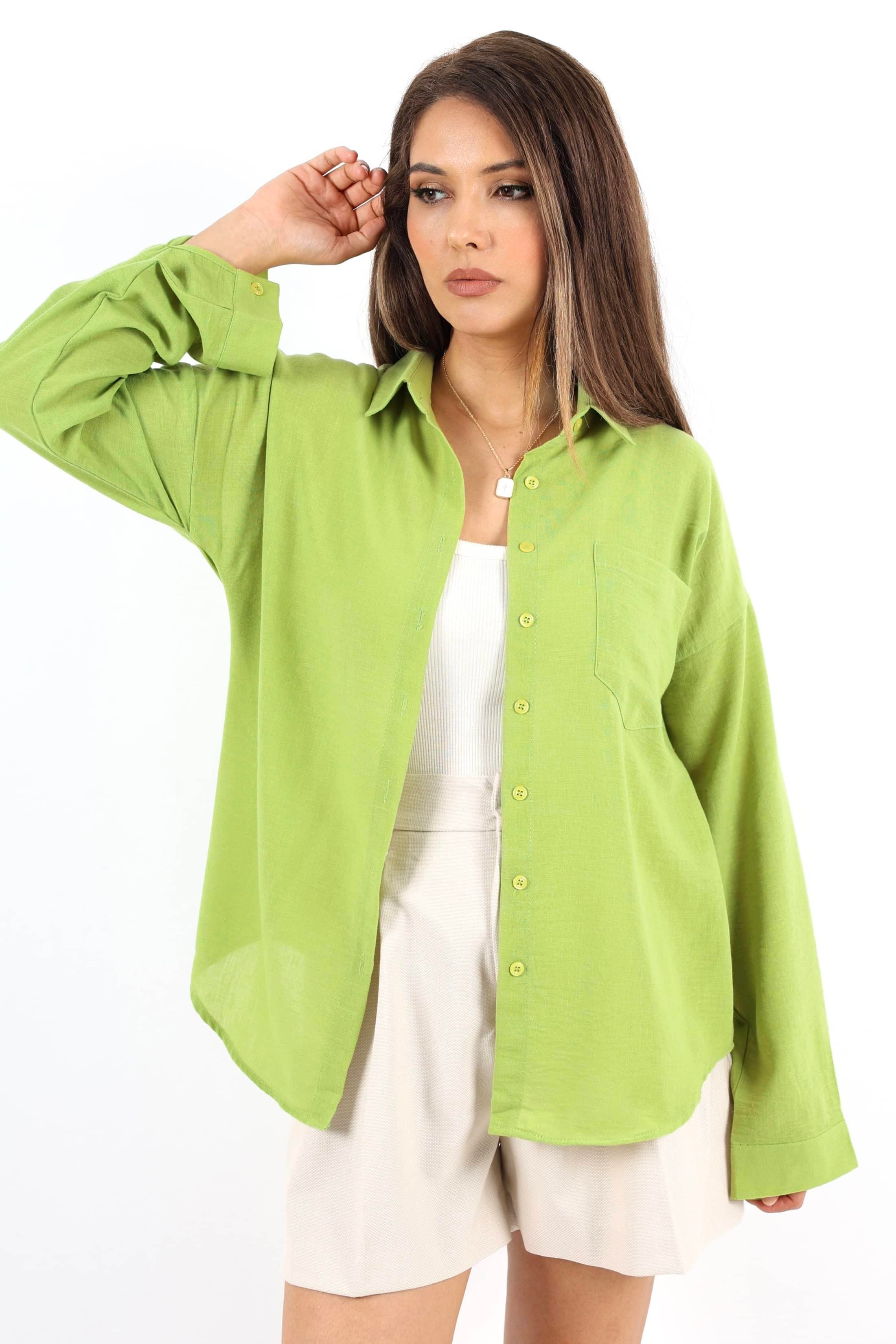 Kadın Well Yağ Yeşili Keten Gömlek