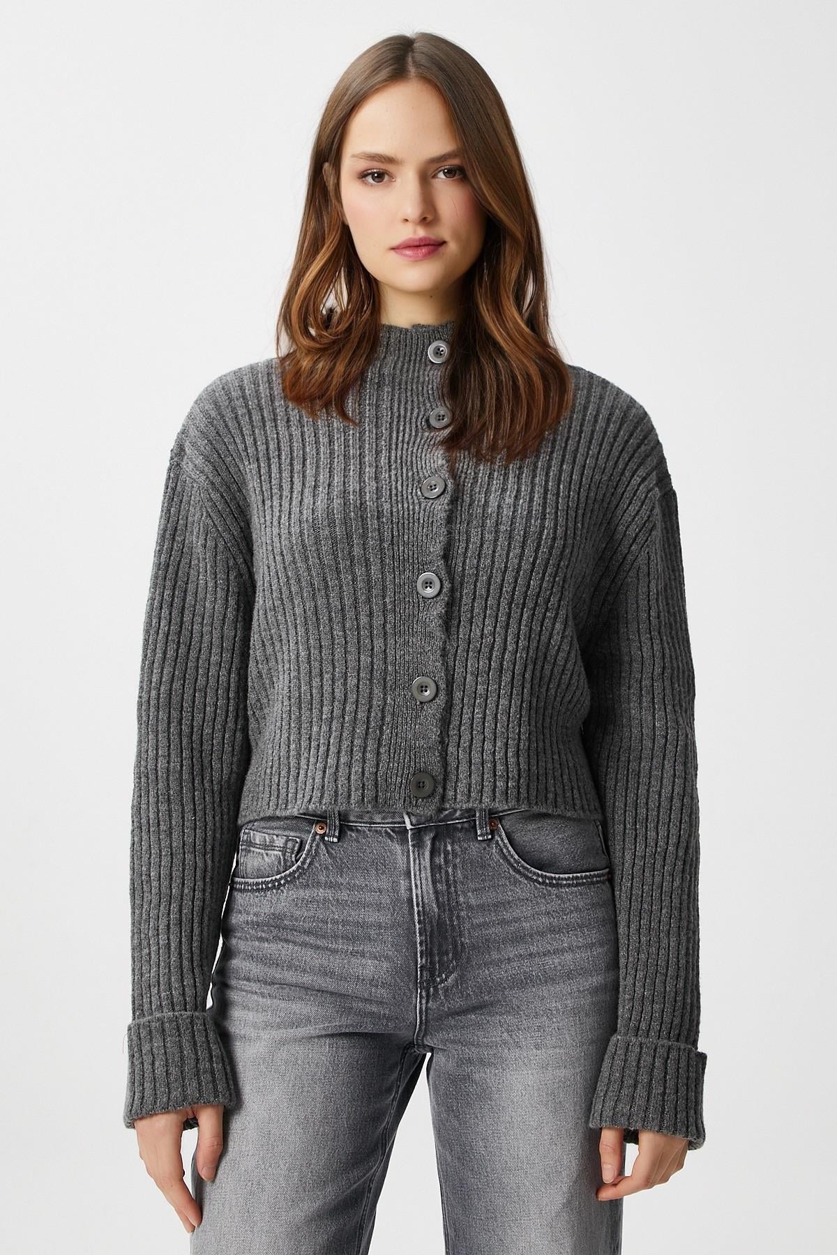 Kadın Wendy Yumuşak Doku Dik Yaka Antrasit Triko Hırka