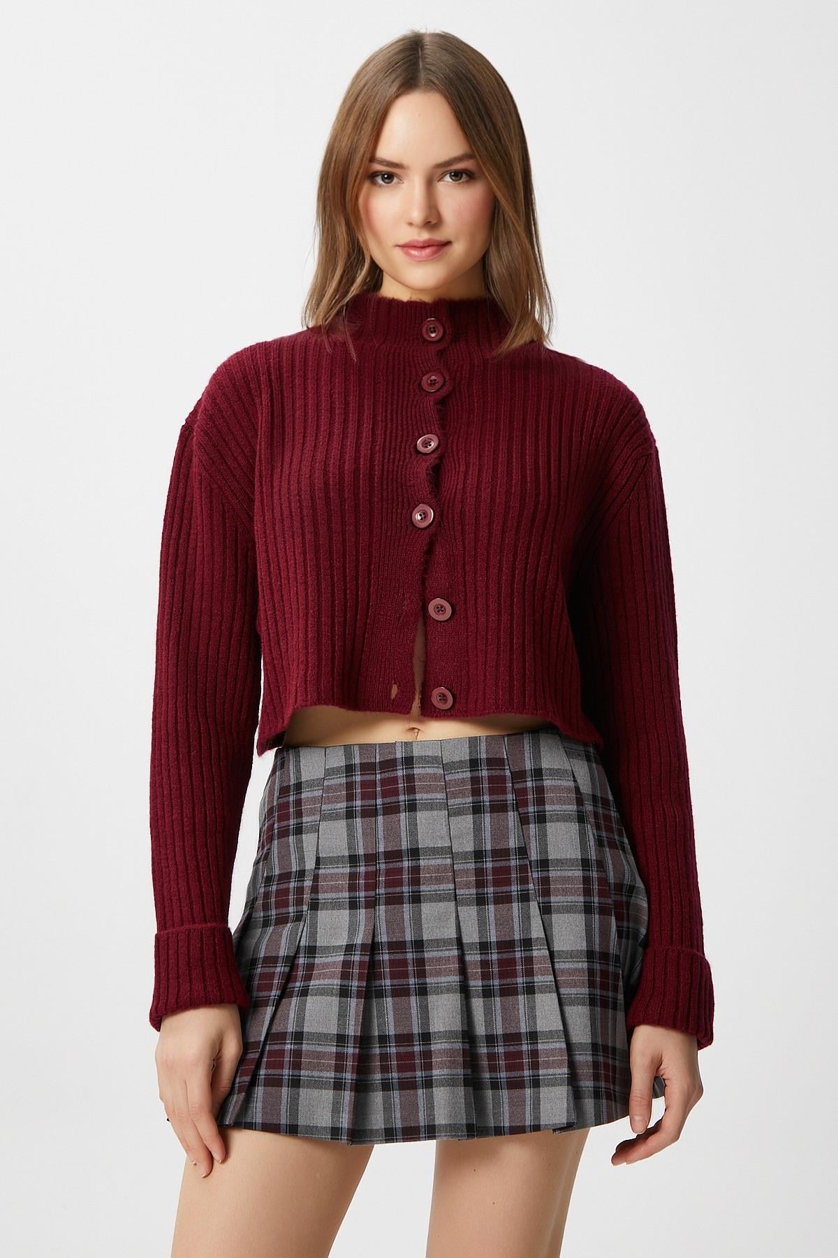 Kadın Wendy Yumuşak Doku Dik Yaka Bordo Triko Hırka