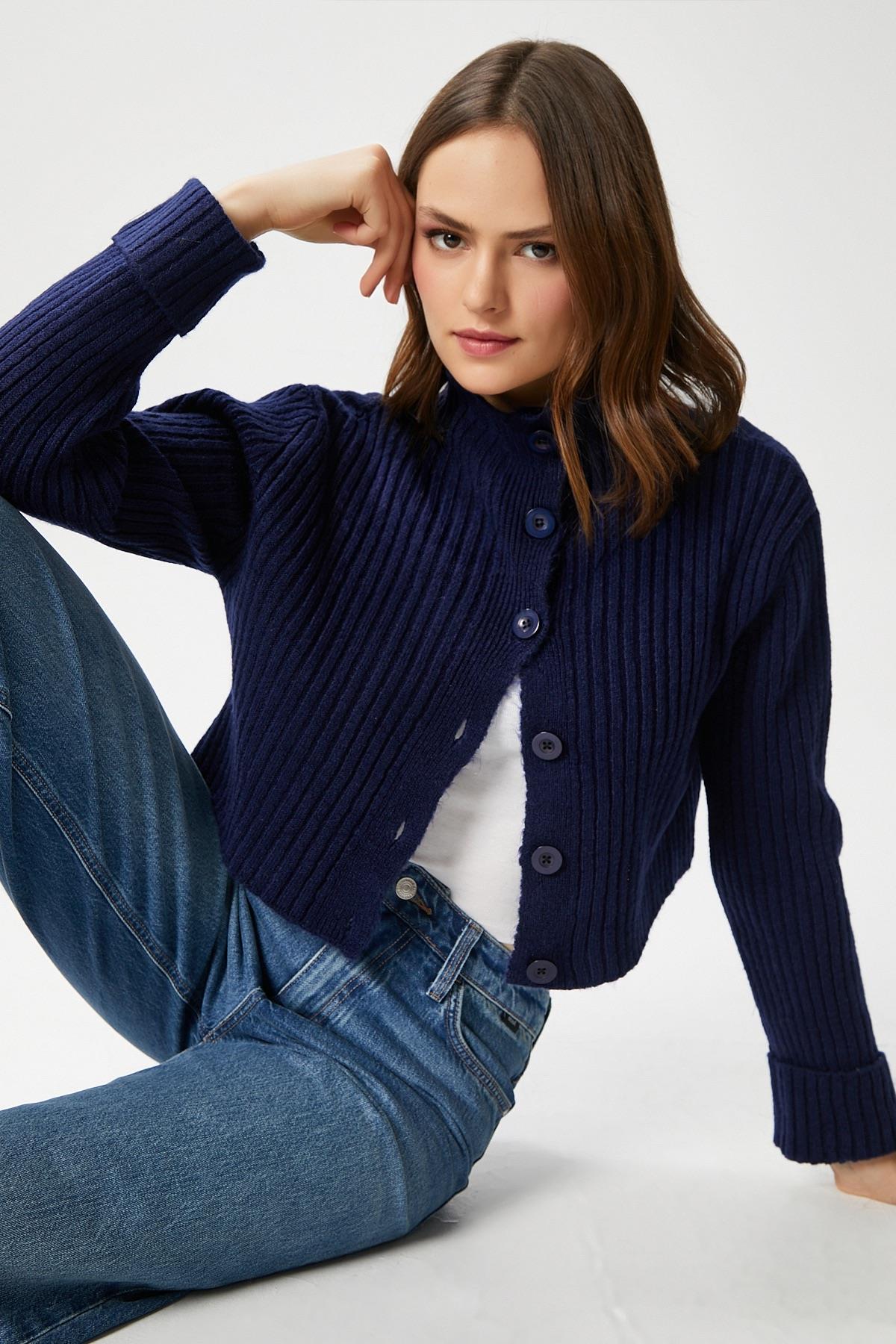 Kadın Wendy Yumuşak Doku Dik Yaka Lacivert Triko Hırka