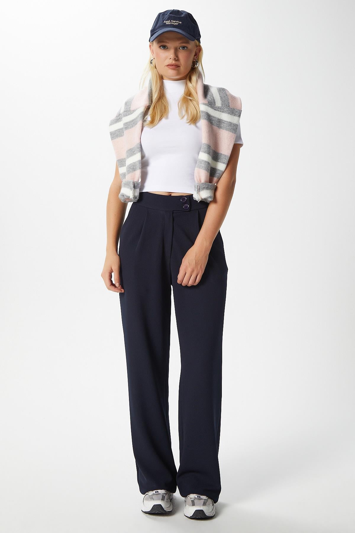 Likra Serisi Move Çift Düğmeli Esnek Lacivert Palazzo Pantolon