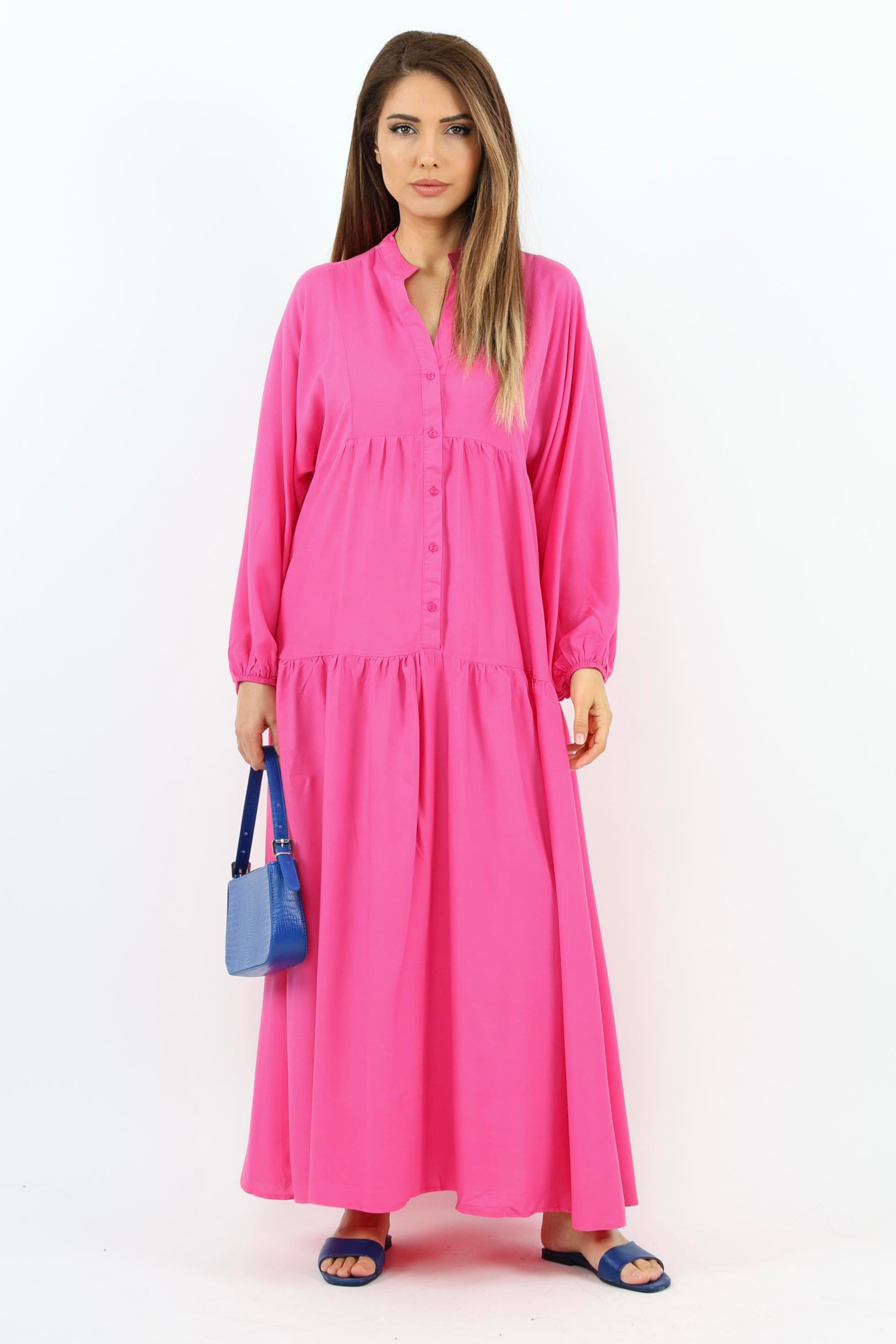 Prive Kadın Fuşya Base %100 Viskon Maksi Boy Katlı Balon Kol Uzun Yazlık Elbise