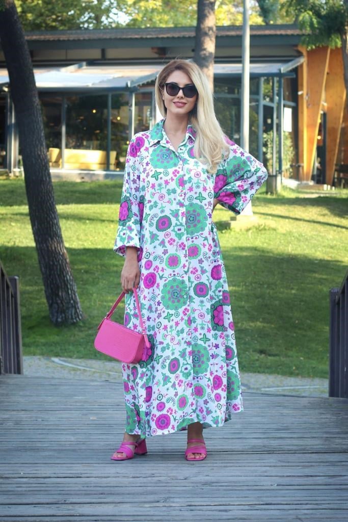 Prive Kadın Yazlık Pembe Yeşil Desenli Uzun Tunik Elbise