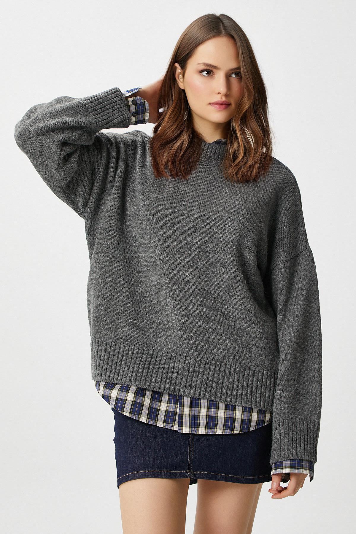 Ritnice Pntrst Antrasit Bisiklet Yaka Oversize Triko Kazak