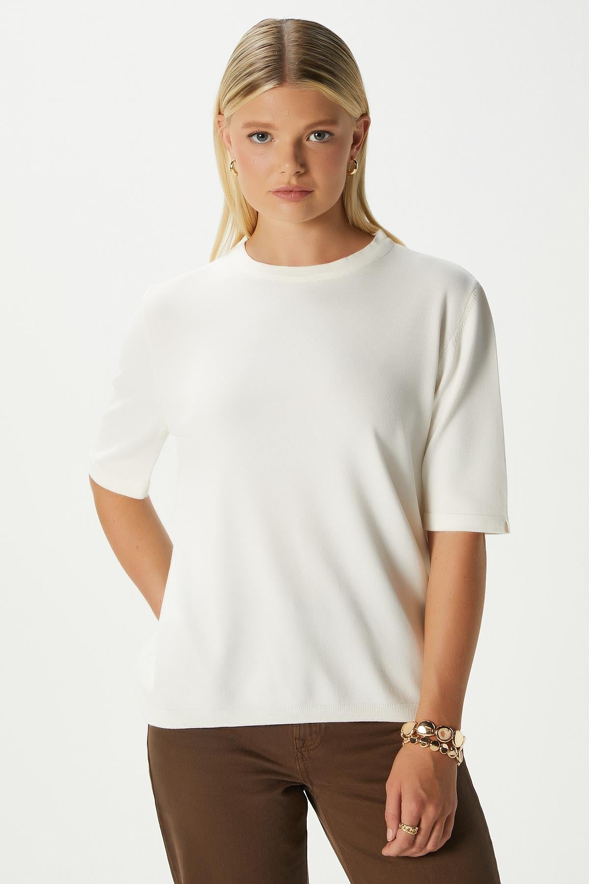 Viscose Doku Next Premium Selection Ekru Yarım Kol Triko Kazak