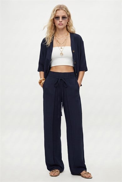Kadın Allegra Bağlamalı Bel Lastikli Pantolon Gömlek Dokuma Lacivert Alt Üst Takım