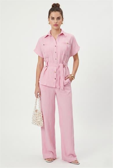 Kadın Bret Gömlek Pantolon Dokuma Pembe Alt Üst Takım