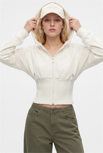 Kadın Crew Korseli Slim Kalıp Ekru Kapüşonlu Sweatshirt