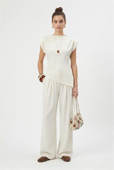 Kadın Elvis Modal Touch Vatkalı Asimetrik Bluz Bel Lastikli Krem Alt Üst Takım