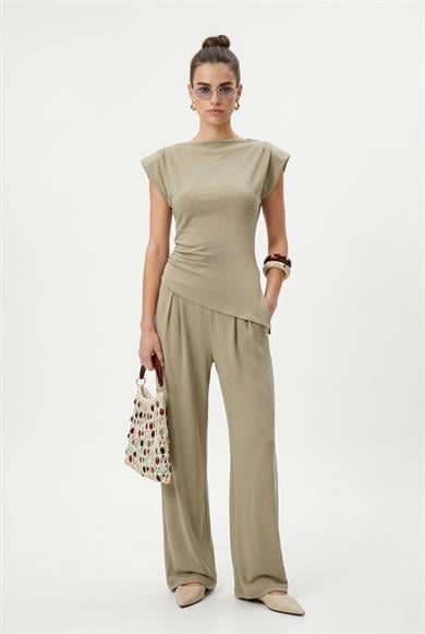 Kadın Elvis Modal Touch Vatkalı Asimetrik Bluz Bel Lastikli Haki Alt Üst Takım