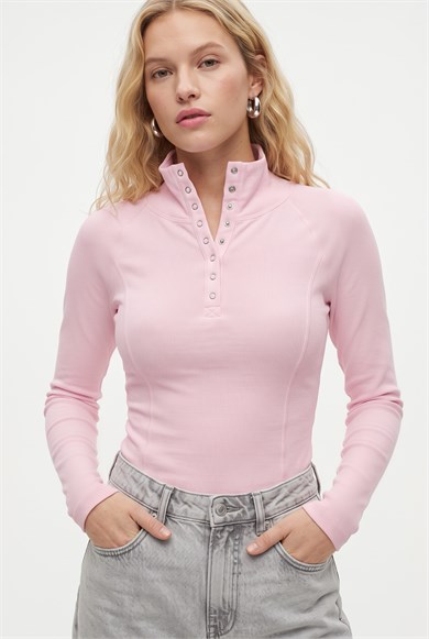 Kadın Frey Çıtçıtlı Pamuklu Uzun Kol Pembe Fitilli Örme Bluz