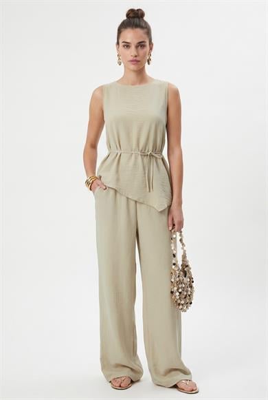 Kadın Joe Asimetrik Bluz Pantolon Dokuma Açık Çağla Yeşili Alt Üst Takım