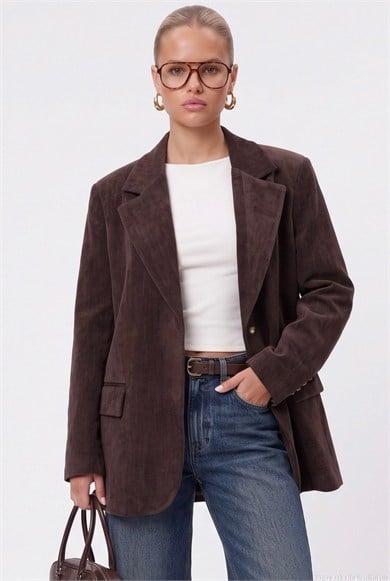 Kadın Jonas Astarlı Cepli Kahverengi Lux Oversize Blazer Ceket