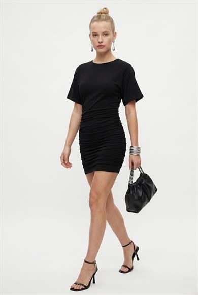 Kadın Kian Drape Detaylı Örme Mini Siyah Elbise
