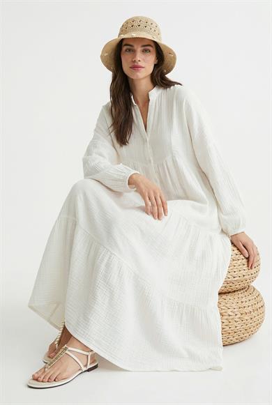 Kadın Modest Linda %100 Pamuk Müslin Astarlı Balon Kol Katlı Ekru Uzun Elbise