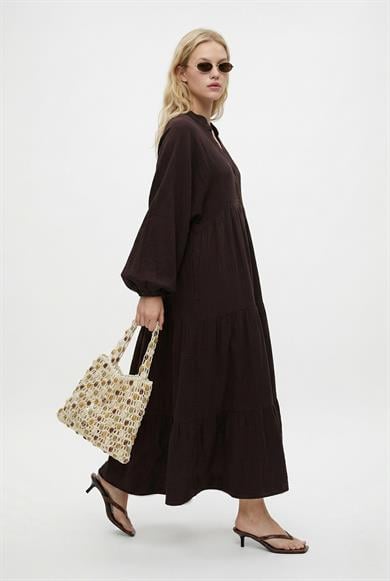 Kadın Modest Linda %100 Pamuk Müslin Astarlı Balon Kol Katlı Kahverengi Uzun Elbise