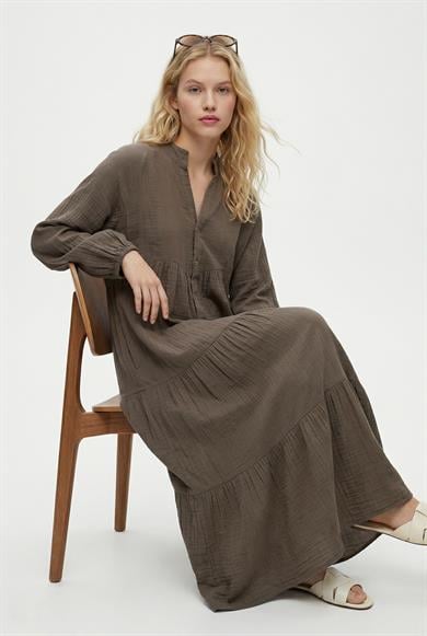 Kadın Modest Linda %100 Pamuk Müslin Astarlı Balon Kol Katlı Haki Uzun Elbise