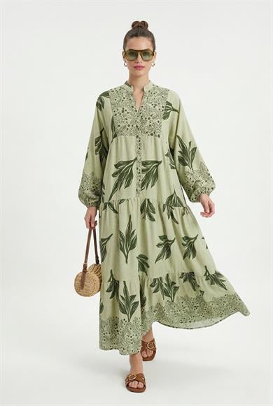 Kadın Modest New Freya Yeşil Kadın %100 Viskon Maksi Boy Katlı Balon Kol Uzun Yazlık Elbise