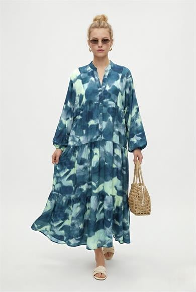 Kadın Modest New Gloria Yeşil Kadın %100 Viskon Maksi Boy Katlı Balon Kol Uzun Yazlık Elbise