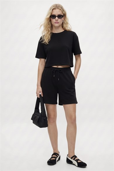 Kadın Molly %100 Pamuk Bel Lastikli Şort Crop T-shirt Örme Siyah Alt Üst Takım