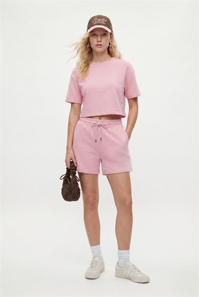 Kadın Molly %100 Pamuk Bel Lastikli Şort Crop T-shirt Örme Pembe Alt Üst Takım
