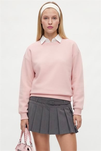 Kadın New Cozy Polarlı Basic Bisiklet Yaka Pamuklu Örme Pembe Sweatshirt
