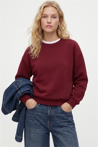 Kadın New Cozy Polarlı Basic Bisiklet Yaka Pamuklu Örme Bordo Sweatshirt