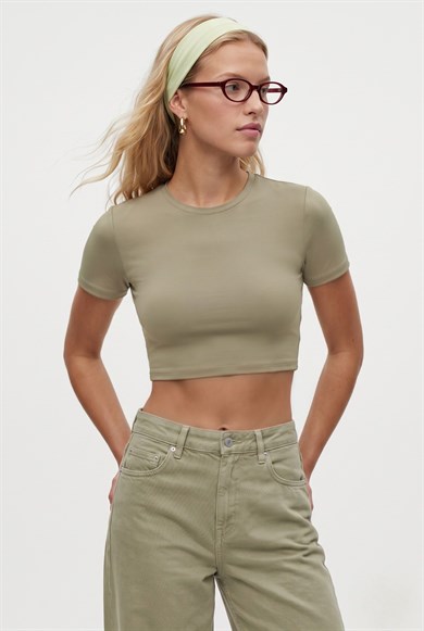 Kadın New Serra %100 Pamuk Haki Crop Top