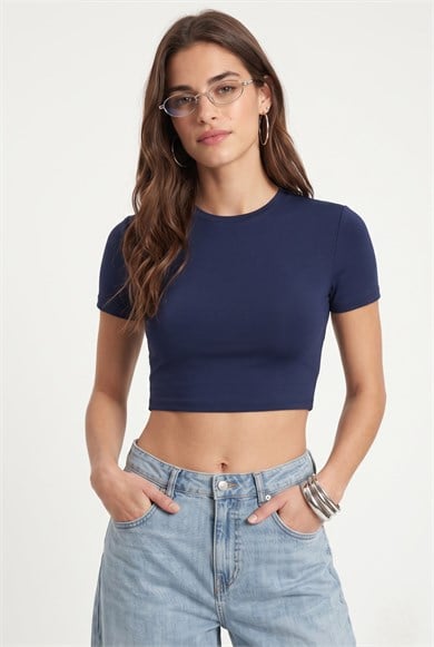 Kadın New Serra %100 Pamuk Lacivert Crop Top