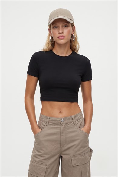 Kadın New Serra %100 Pamuk Siyah Crop Top