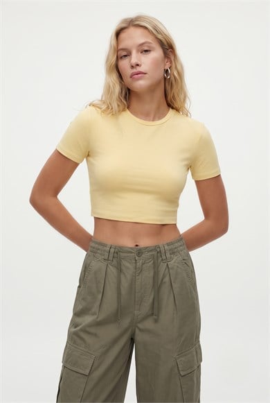Kadın New Serra %100 Pamuk Tereyağ Sarısı Crop Top