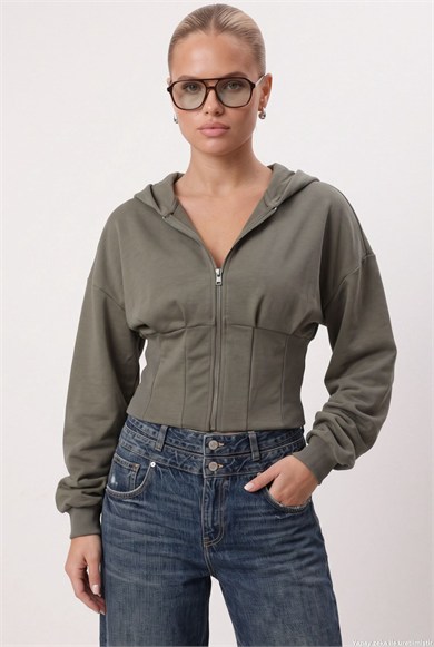 Kadın Novis Beli Lastikli Slim Kalıp Haki Kapüşonlu Sweatshirt