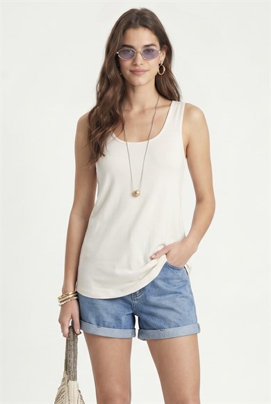 Kadın Paloma Pamuklu Salaş Kesim U Yaka Kolsuz Ekru Örme Bluz