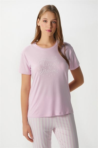 Kadın Time Yumuşak Doku Pembe Çizgili Bisiklet Yaka Kısa Kollu Alt Üst Pijama Takımı