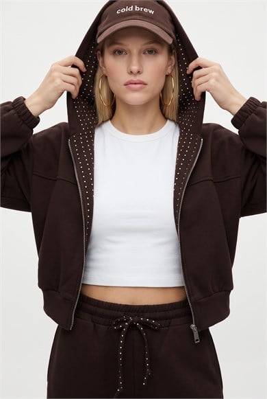Kadın Zane Kahverengi Puantiye Detaylı Fermuarlı Sweatshirt Bel Eşofman Pantolon Alt Üst Takım