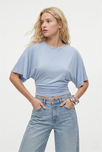 Kadın Zoe Bele Oturan Bisiklet Yaka Kısa Kollu Mavi Örme Bluz