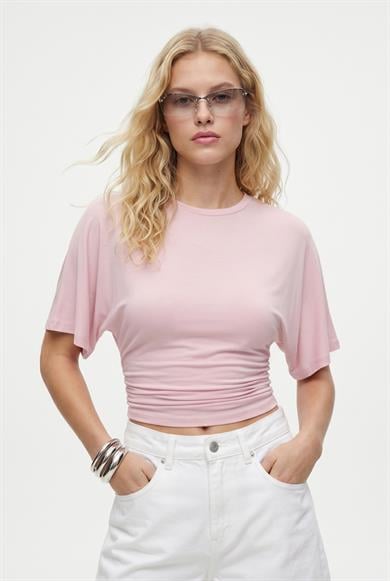 Kadın Zoe Bele Oturan Bisiklet Yaka Kısa Kollu Pembe Örme Bluz
