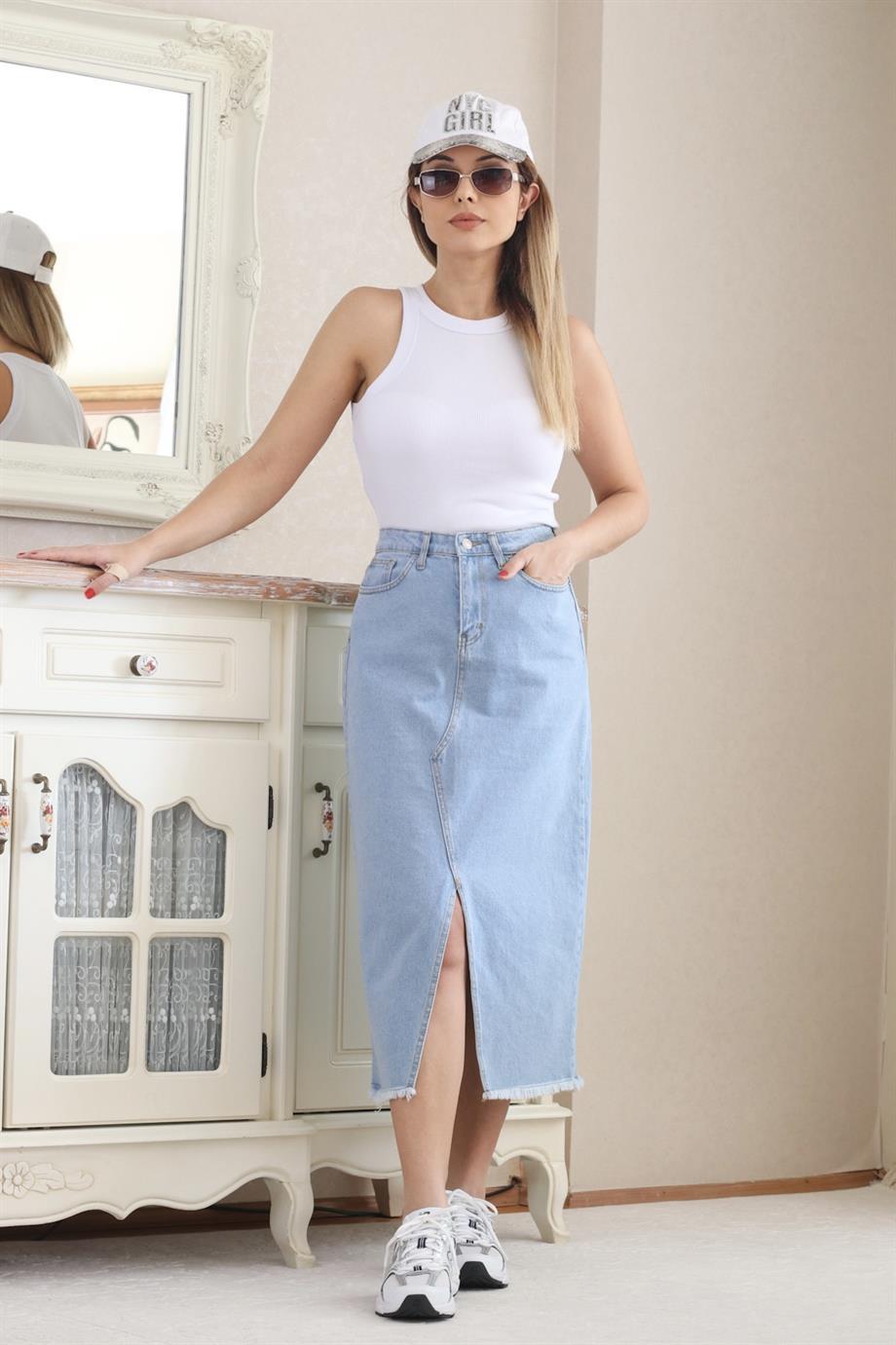 Kadın Açık Mavi Yırtmaçlı Uzun Jean Etek