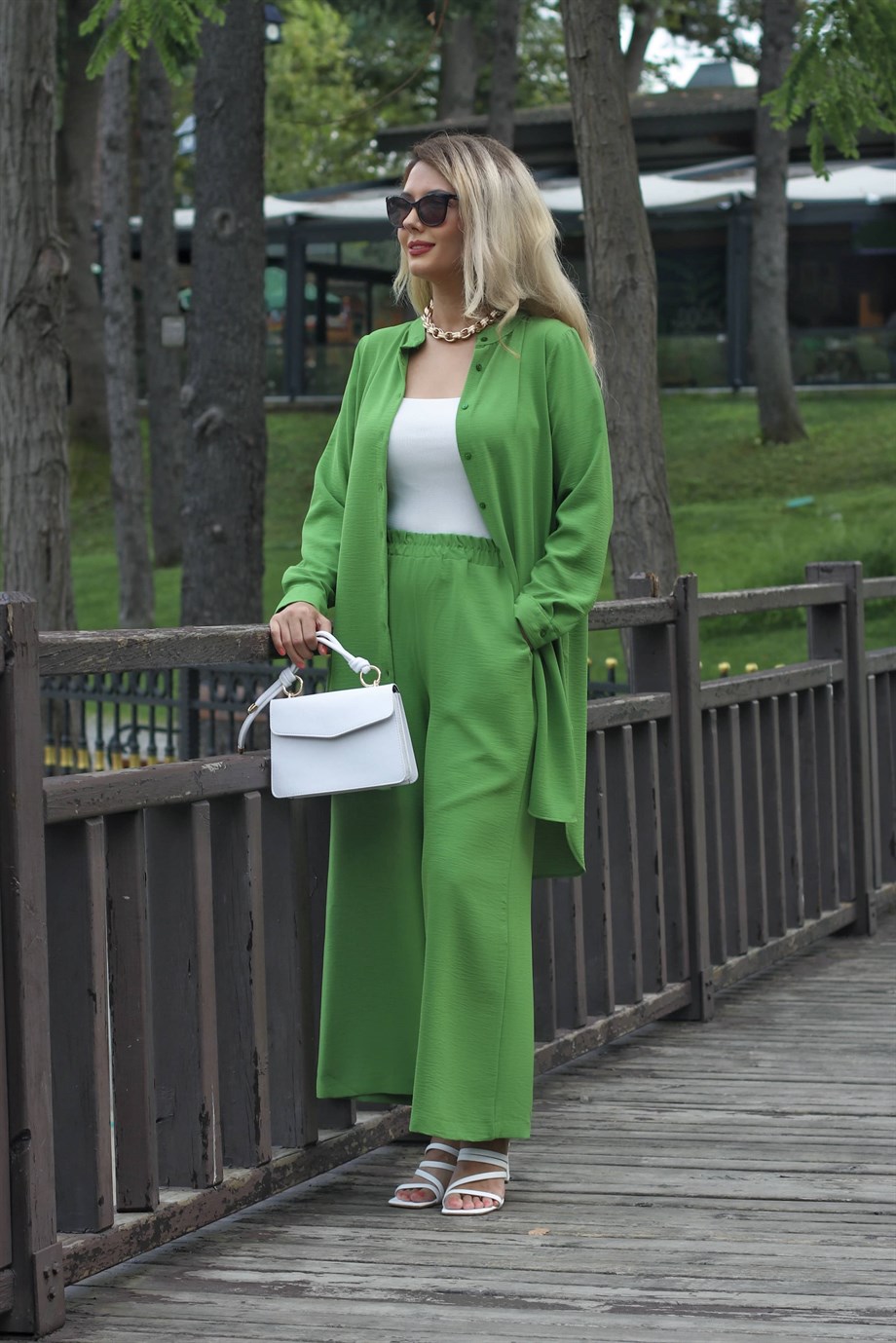 Kadın Yeşil Gömlek Pantolon Takım