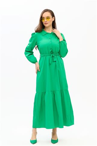 Kadın Gömlek Yaka Terikoton Elbise - Yeşil