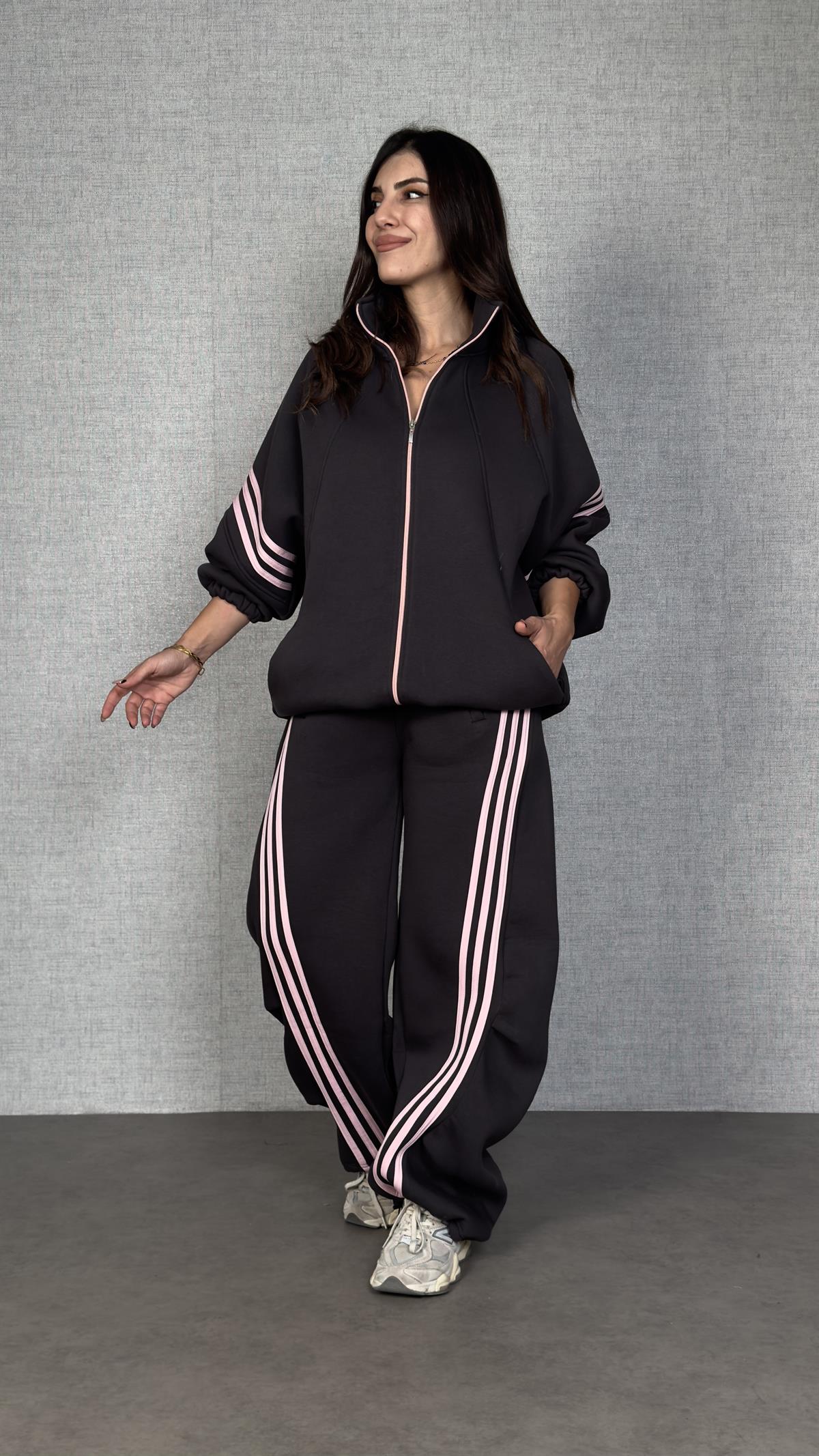 Panne Antrasit Şerit Detaylı Üç İplik Oversize İkili Takım